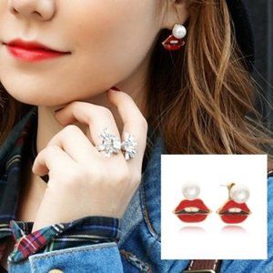 Sexy Chic Red Lips Pearl Jacket Earrings